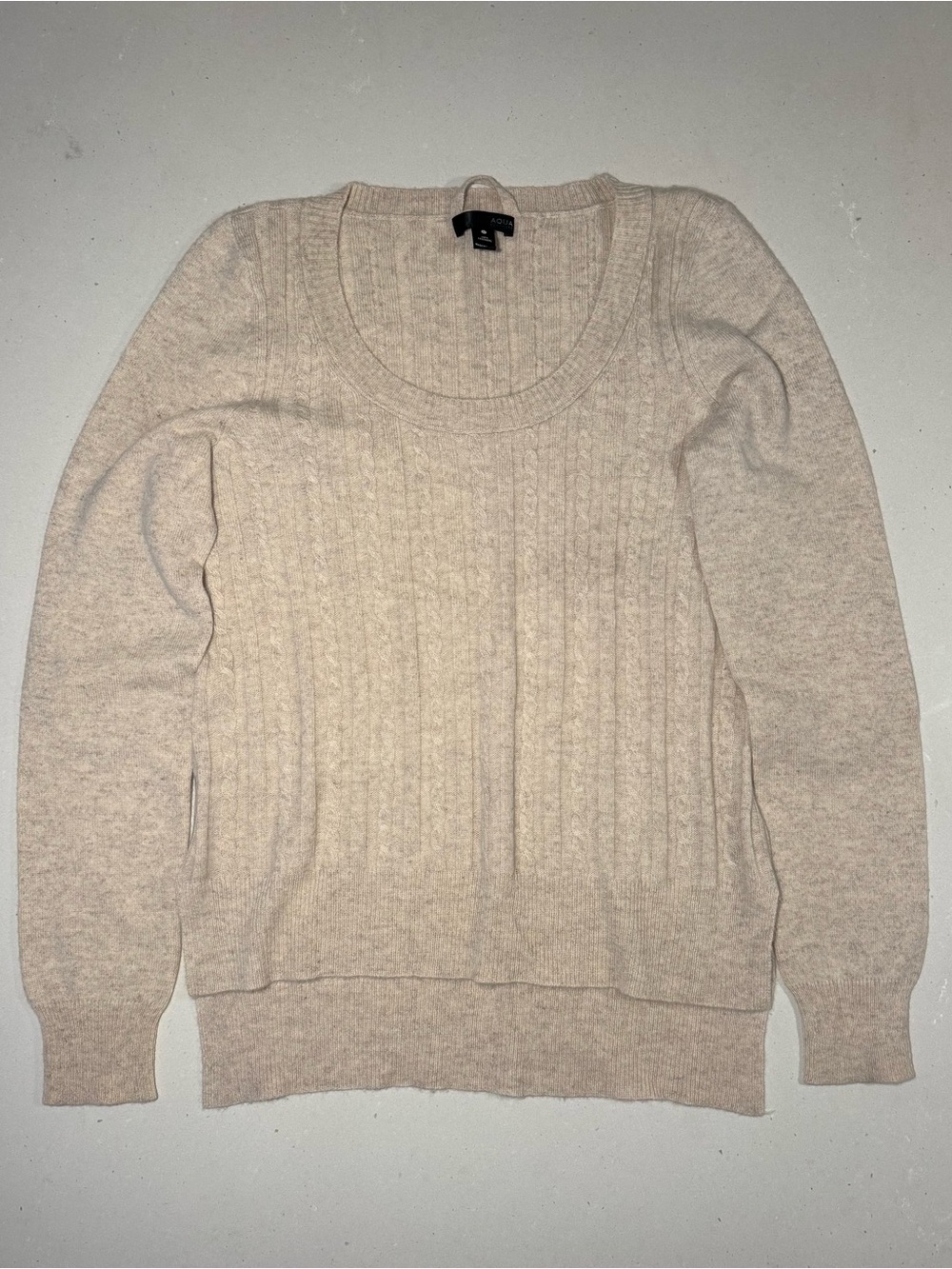Aqua 100% Cashmere Cable Knit Scoop Neck Sweater w/ Elbow Patches - Oatmeal - M